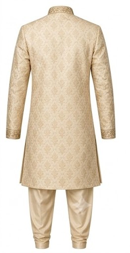 Men's Woven Jacquard Wedding Sherwani Set - Cream Gold