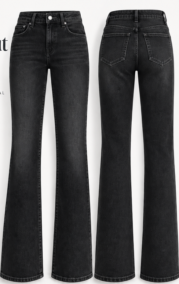 Women Jet Black Textured Flare Jeans