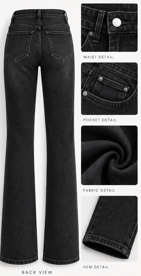 Women Jet Black Textured Flare Jeans