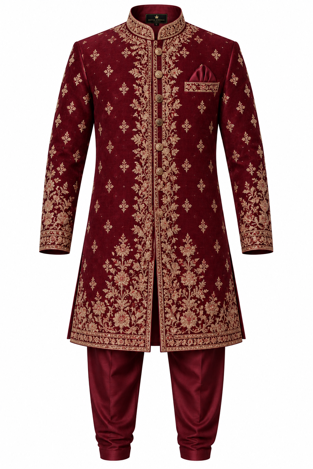 Men's Royal Zardozi Embroidered Wedding Sherwani Set - Deep Maroon