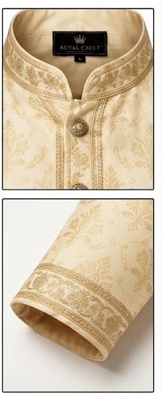 Men's Woven Jacquard Festive Kurta Pyjama Set - Beige Gold