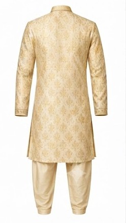 Men's Woven Jacquard Festive Kurta Pyjama Set - Beige Gold