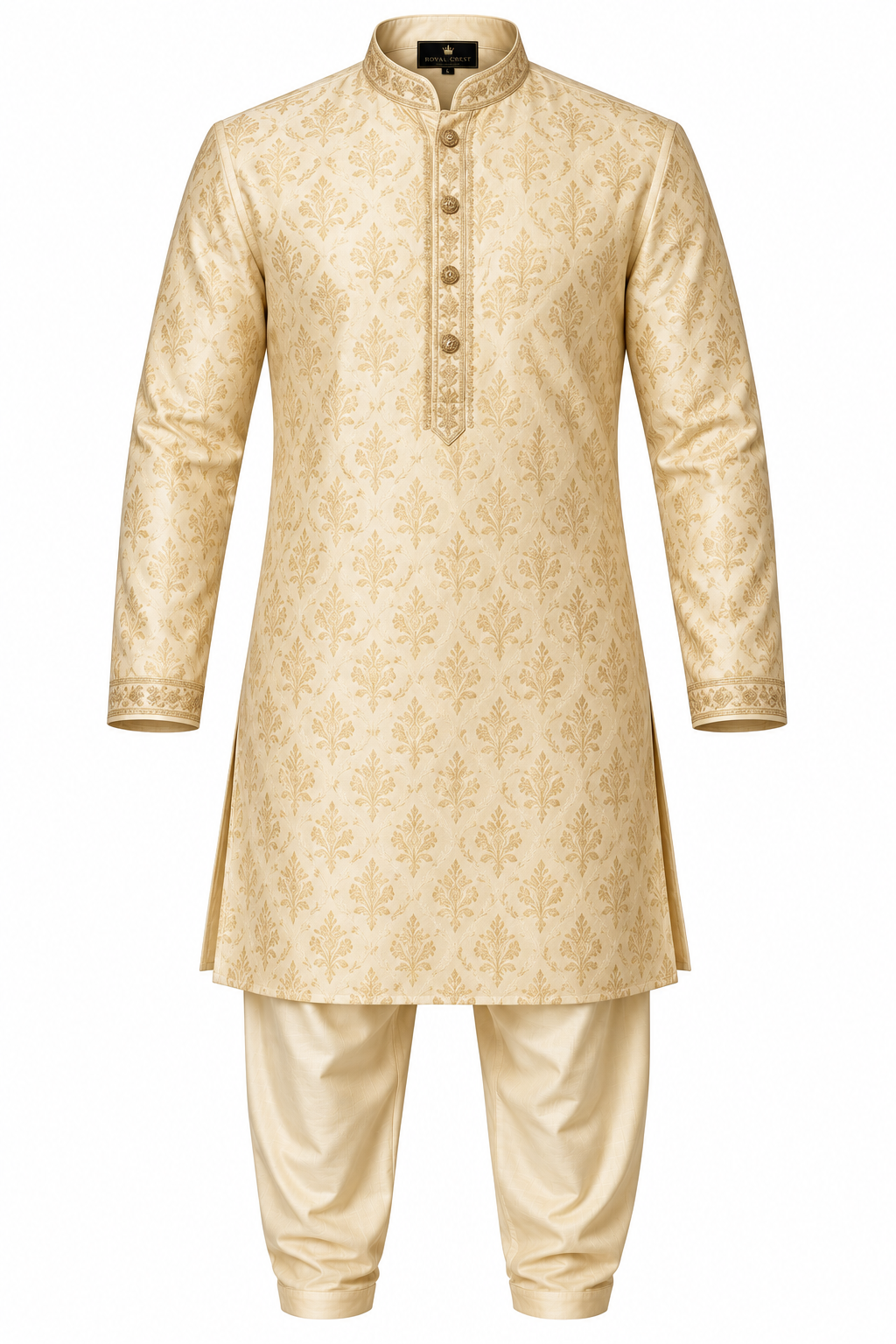 Men's Woven Jacquard Festive Kurta Pyjama Set - Beige Gold