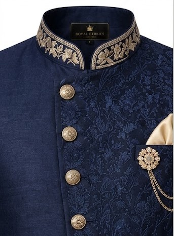 Men's Royal Asymmetric Indo-Western Sherwani Set - Midnight Navy