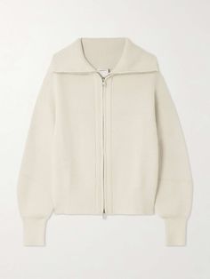 Women Cream Ribbed Collar Zip Jacket