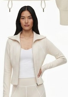 Women Cream Ribbed Collar Zip Jacket