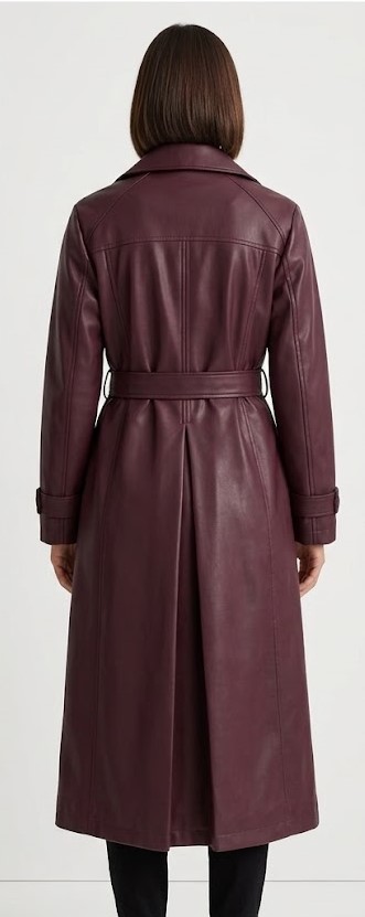 Women Burgundy Belted Faux Leather Trench Coat