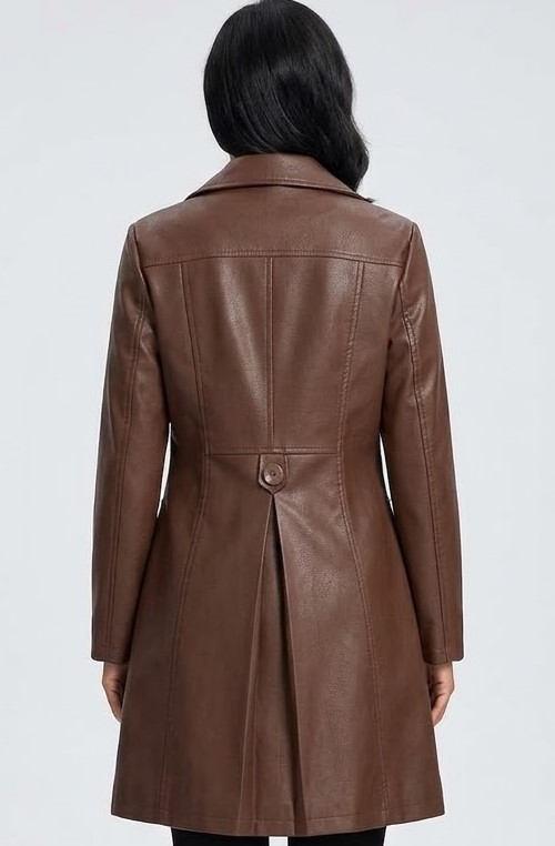 Women Brown Faux Leather Long Coat