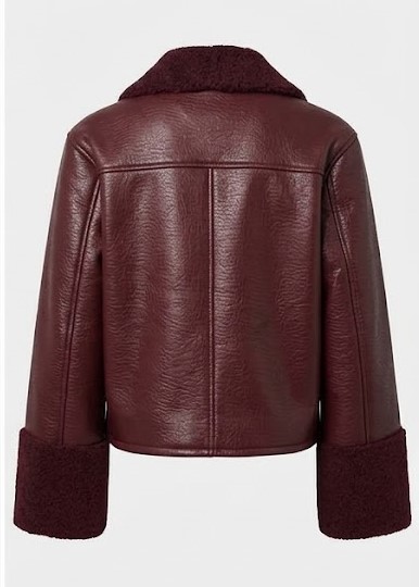 Women Burgundy Shearling Trim Cropped Jacket