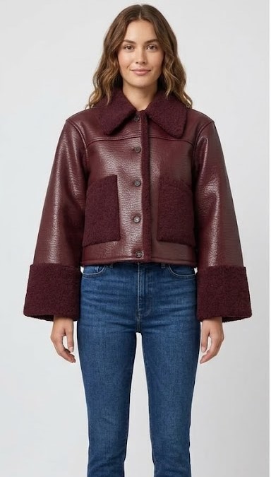 Women Burgundy Shearling Trim Cropped Jacket
