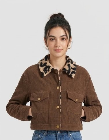 Women Brown Corduroy Sherpa Collar Jacket