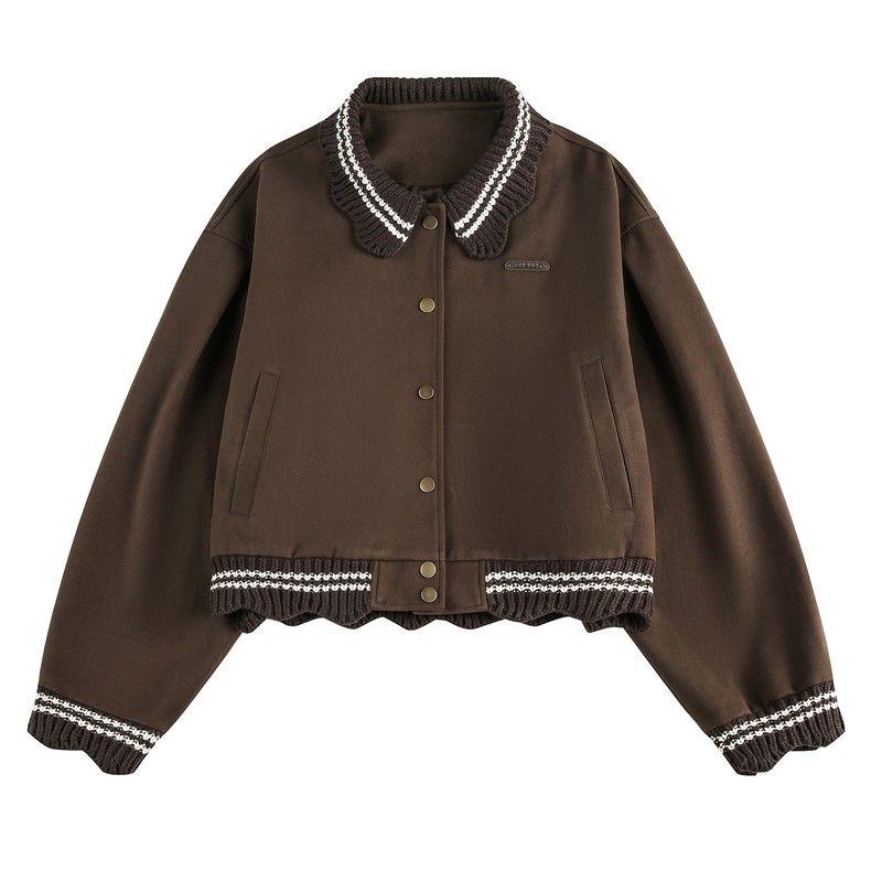 Women Brown Knit Trim Cropped Jacket