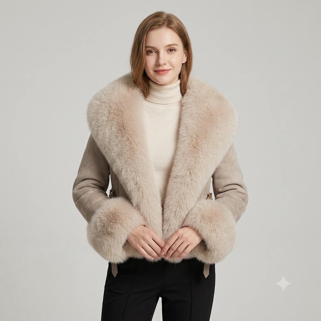 Women Beige Faux Fur Collar Suede Jacket