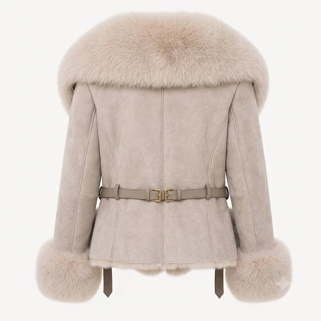 Women Beige Faux Fur Collar Suede Jacket