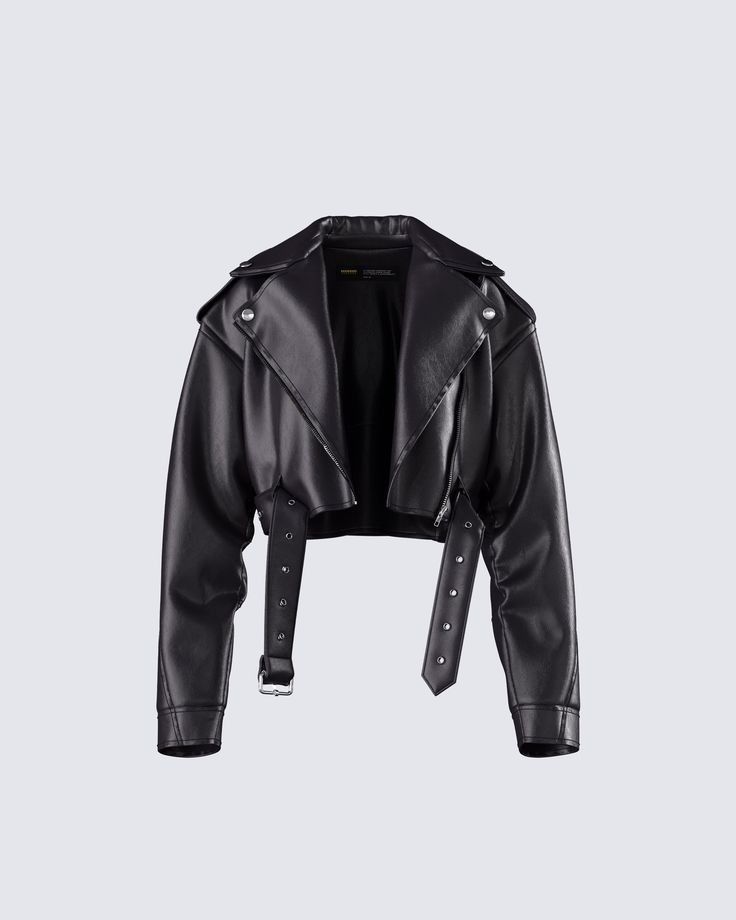 Women Black Cropped Belted Biker Jacket